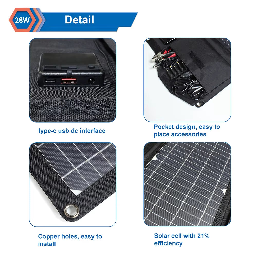 Upgraded 28W 21W 14W Portable Solar Panel Charger Double USB 5V 18V DC Camping Foldable Solar Panel for Phone Charge Power Bank