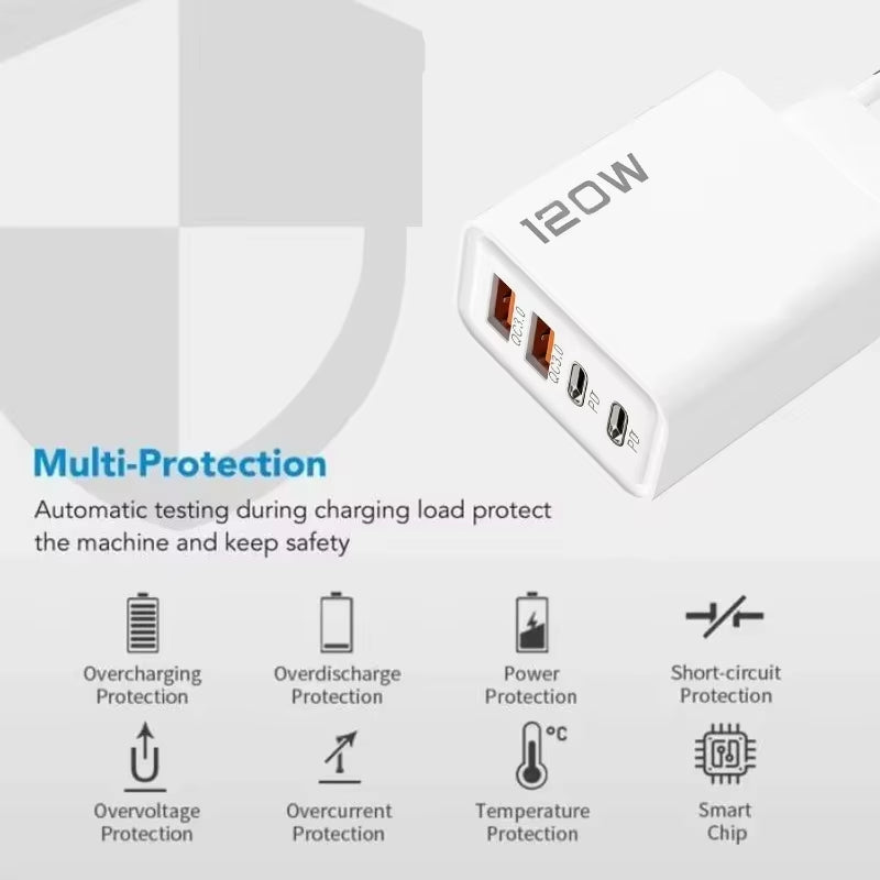 Xiaomi 120W 4 Port USB Type C Charger Fast Charging Data Cable USB Phone Charger Adapter for Samsung Iphone Huawei Charger
