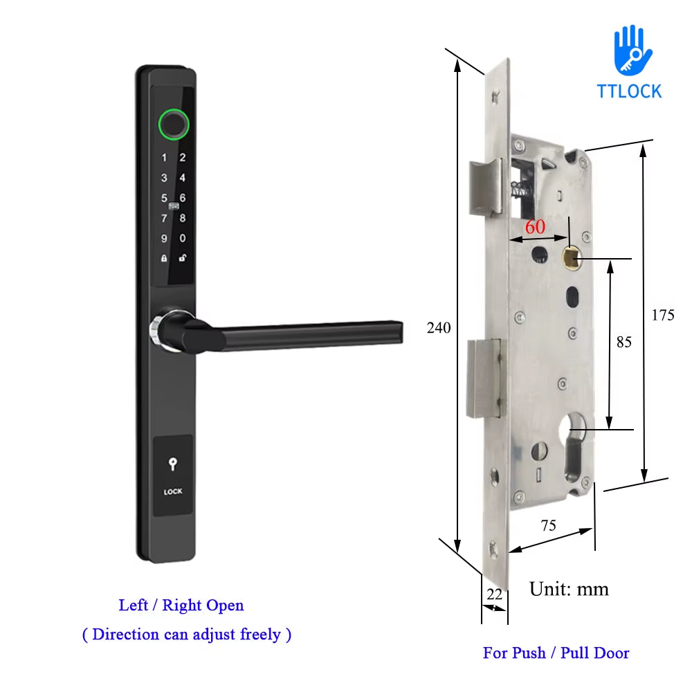 Waterproof Ttlock APP Remote Control Fingerprint Password Card Lock Bridge-Cut Aluminum Alloy for Outdoor Pull Push Sliding Door