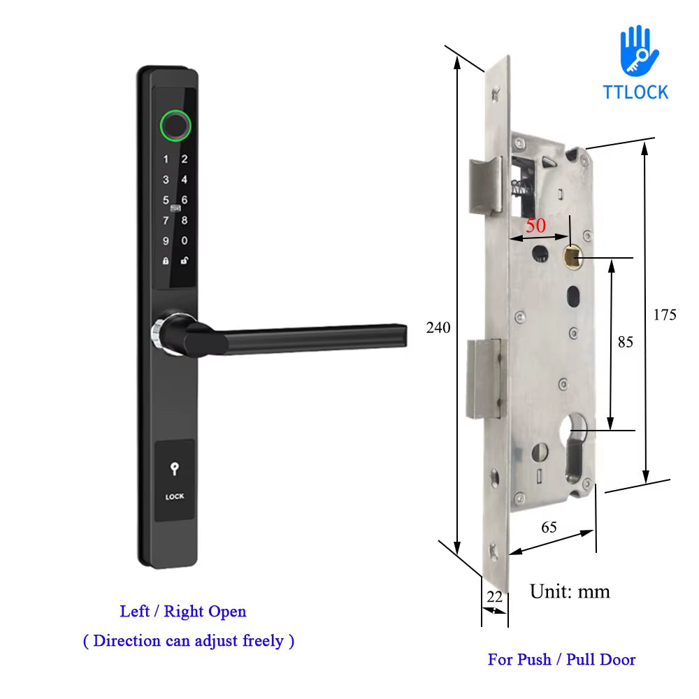 Waterproof Ttlock APP Remote Control Fingerprint Password Card Lock Bridge-Cut Aluminum Alloy for Outdoor Pull Push Sliding Door