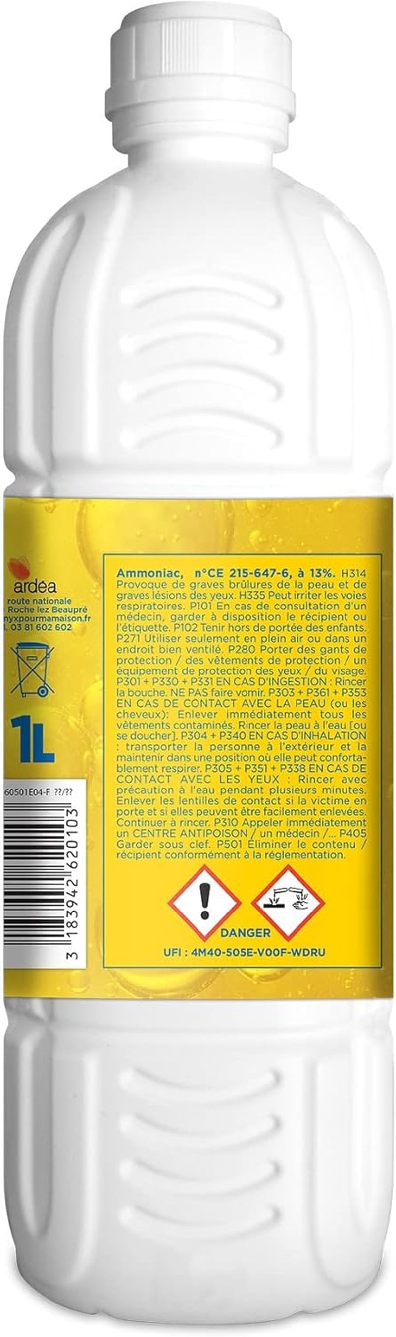 - Ammoniaque Ménager Alcali - Décaper, Dégraisser, Détacher, Nettoyer - Produit Nettoyant Multi-Surface, Tissus, Carrelages, Éviers, Vitres, Sanitaires - Fabrication Française - 1L