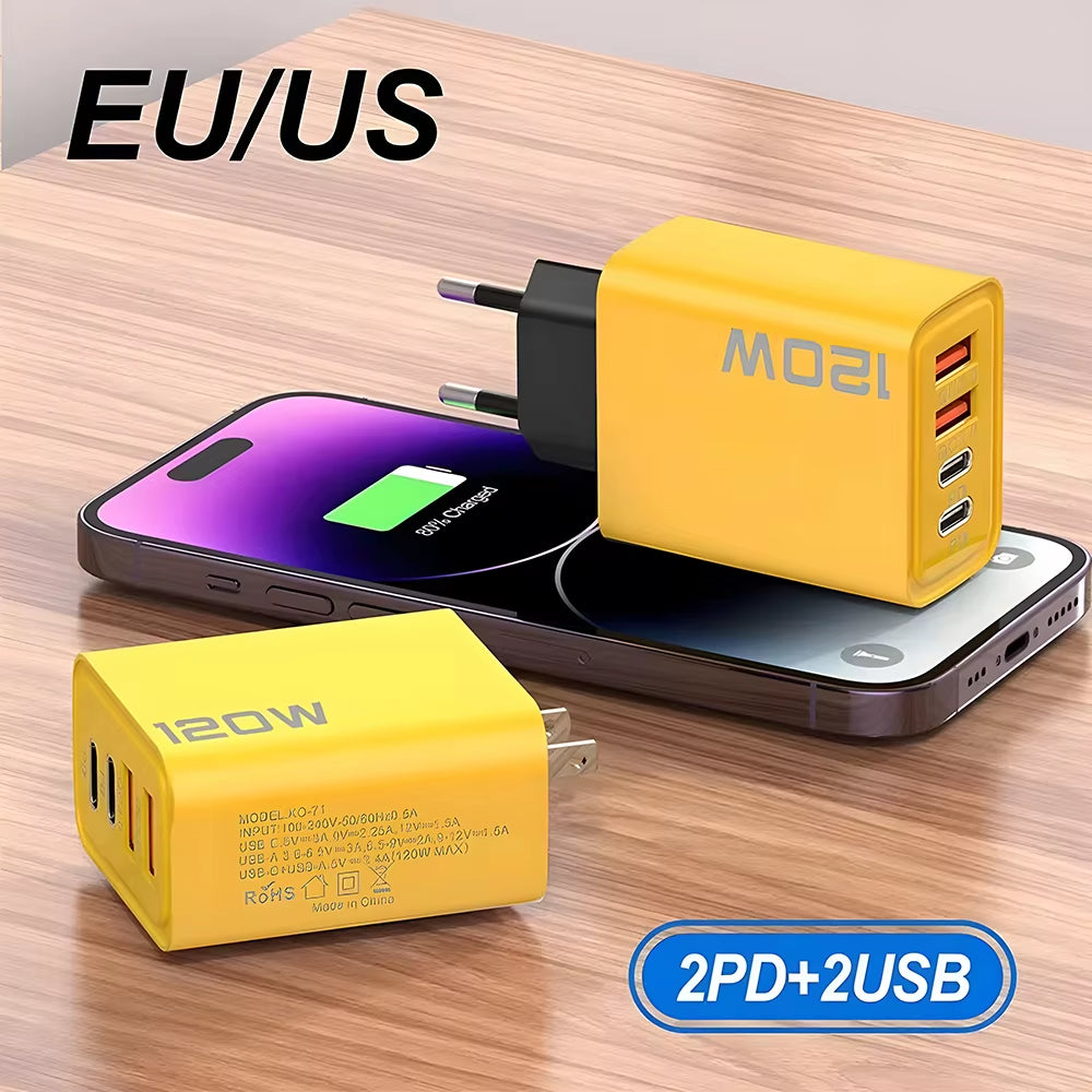 USB C PD Charger Quick Charge 3.0 Type C USB Phone Chargers Adapter for Iphone 16 15 Samsung Xiaomi Huawei 4 Ports Fast Charging