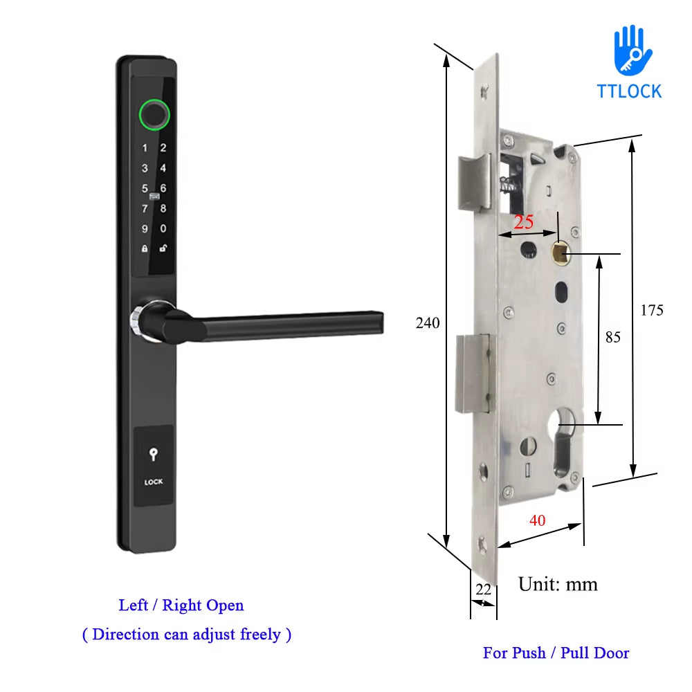 Waterproof Ttlock APP Remote Control Fingerprint Password Card Lock Bridge-Cut Aluminum Alloy for Outdoor Pull Push Sliding Door