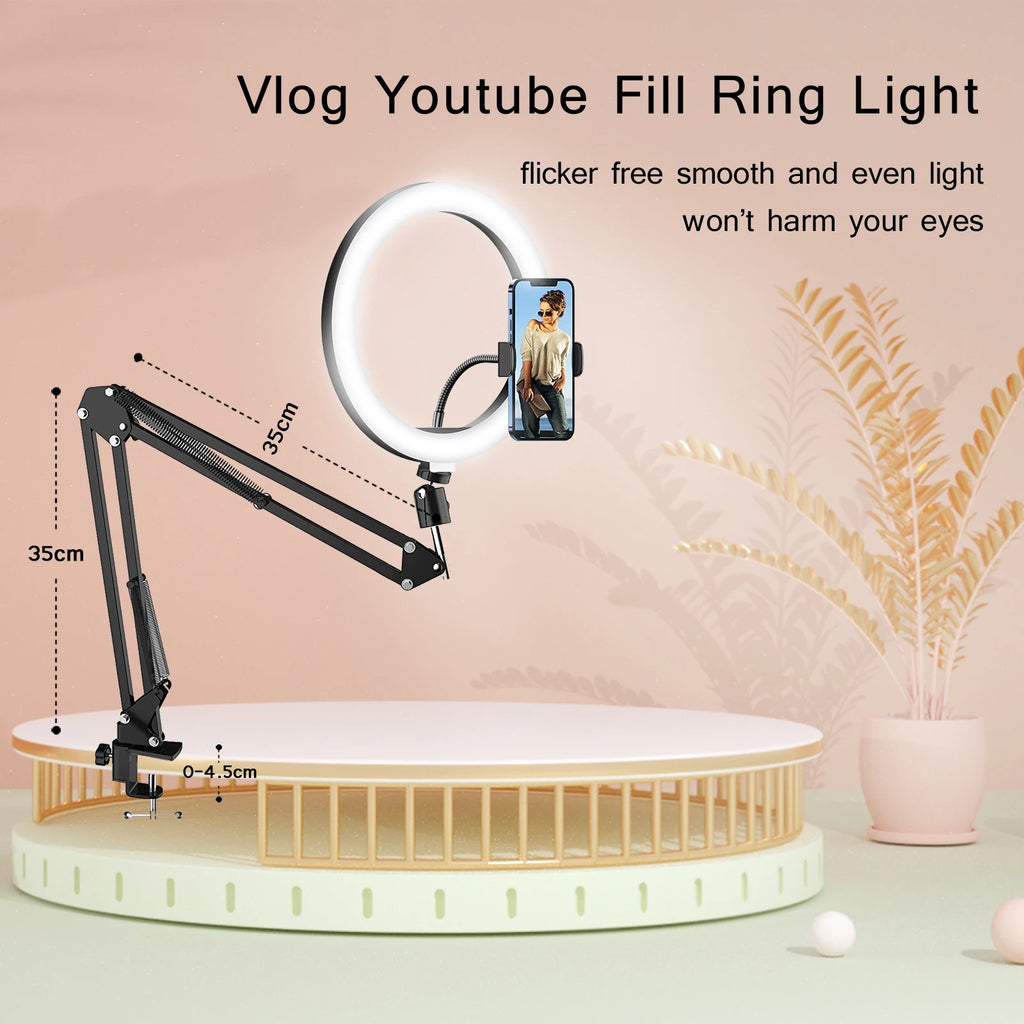 LED Circle Fill Lighting round Lamp Selfie Soft Ring Light with Long Arm Phone Tripod Stand Holder Makeup Photography Ringlight