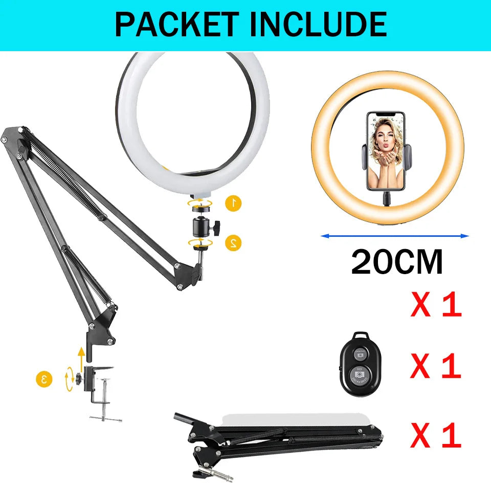 LED Circle Fill Lighting round Lamp Selfie Soft Ring Light with Long Arm Phone Tripod Stand Holder Makeup Photography Ringlight