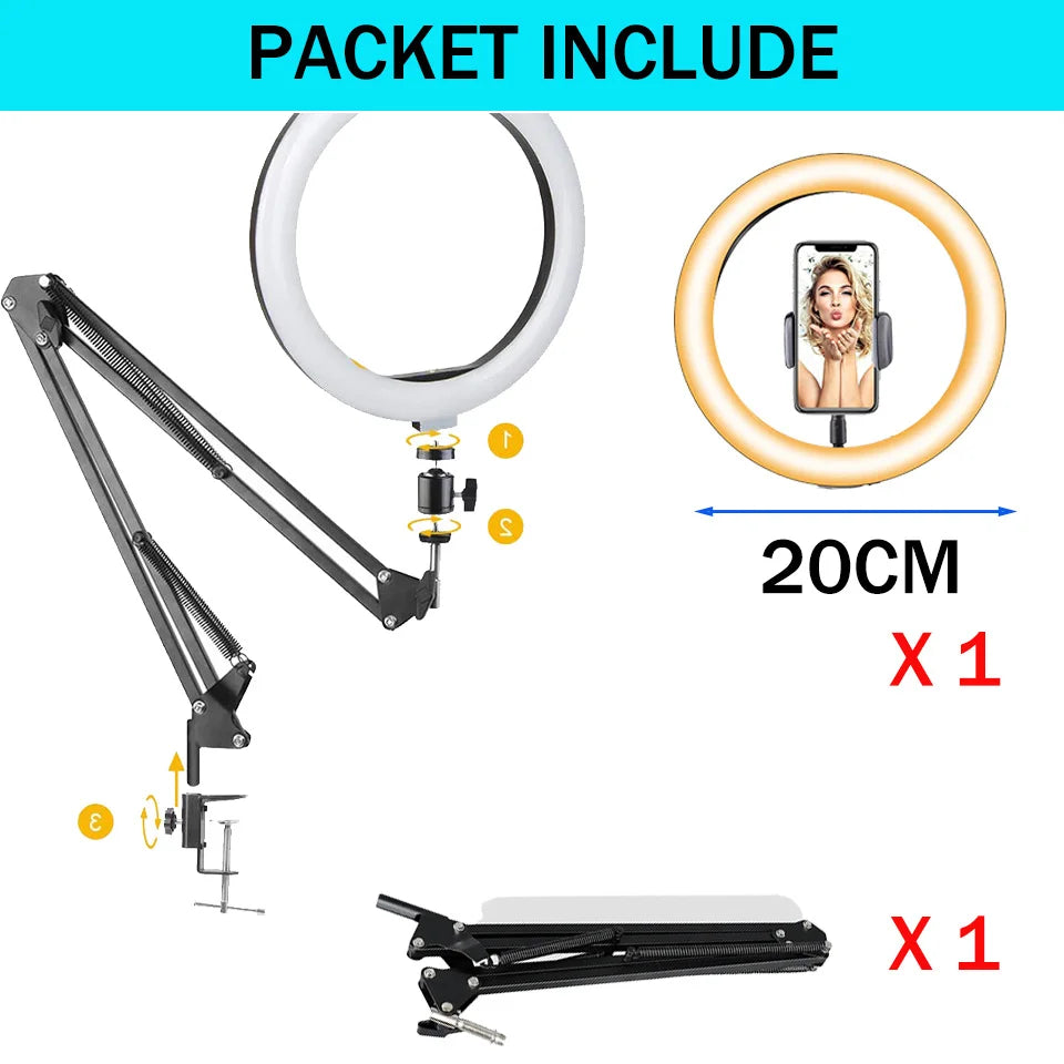 LED Circle Fill Lighting round Lamp Selfie Soft Ring Light with Long Arm Phone Tripod Stand Holder Makeup Photography Ringlight