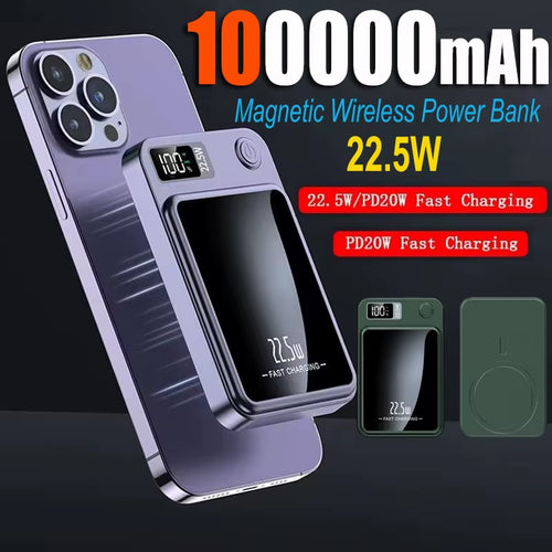100000Mah Magnetic Power Bank Wireless Fast Charger for Magsafe Portable Auxiliary Battery for Iphone Huawei Samsung 2025