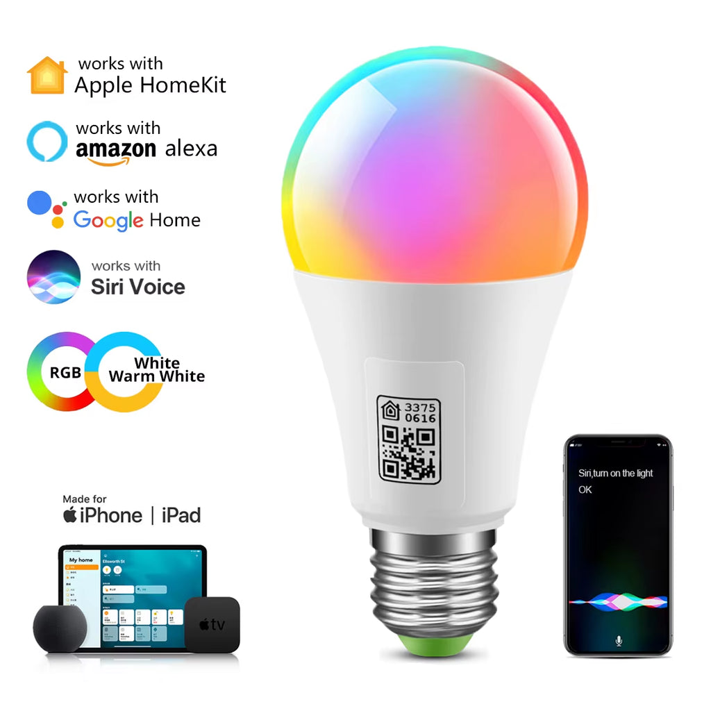 Wifi Smart LED Bulb E27 9W RGBCW Siri Voice Control Dimmable Night Light Work with Apple Homekit/Google Assistant/Alexa Echo