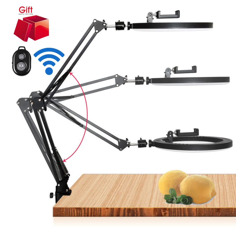 LED Circle Fill Lighting round Lamp Selfie Soft Ring Light with Long Arm Phone Tripod Stand Holder Makeup Photography Ringlight
