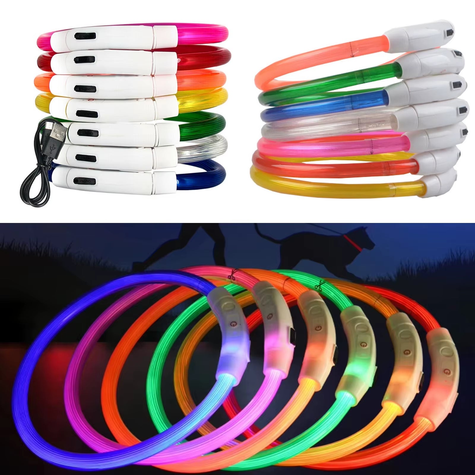 Led Glowing Dog Collar Rechargea Luminous Red Blue Green Usb Charging Multicolored Night Anti-Lost 3/Modes 50Cm Loss Prevention