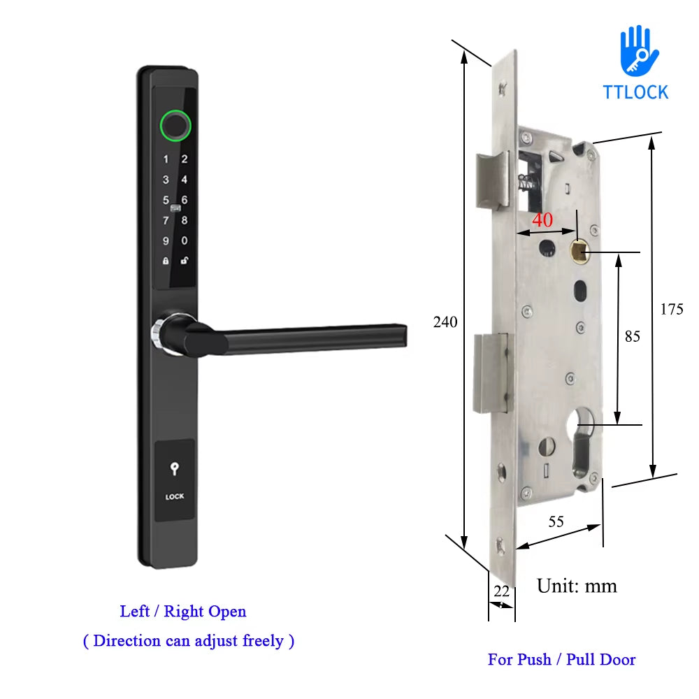 Waterproof Ttlock APP Remote Control Fingerprint Password Card Lock Bridge-Cut Aluminum Alloy for Outdoor Pull Push Sliding Door