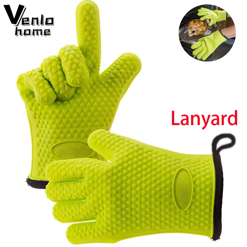 1/2Pc Silicone Glove with Lanyard Kitchen Grilling Gloves Oven Mitt Heat Resistant Non-Slip Cooking BBQ Grill Glove Baking Glove