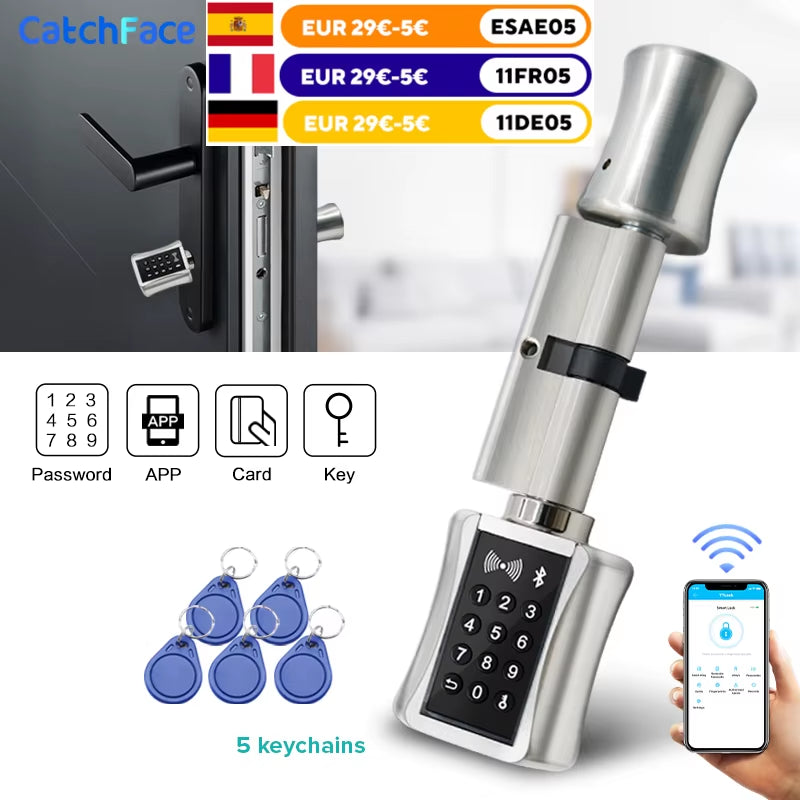 Ttlock Bluetooh Cylinder Smart Lock Remote Control Keyless Electronic Door Lock APP Wifi Digital Code RFID Card Lock