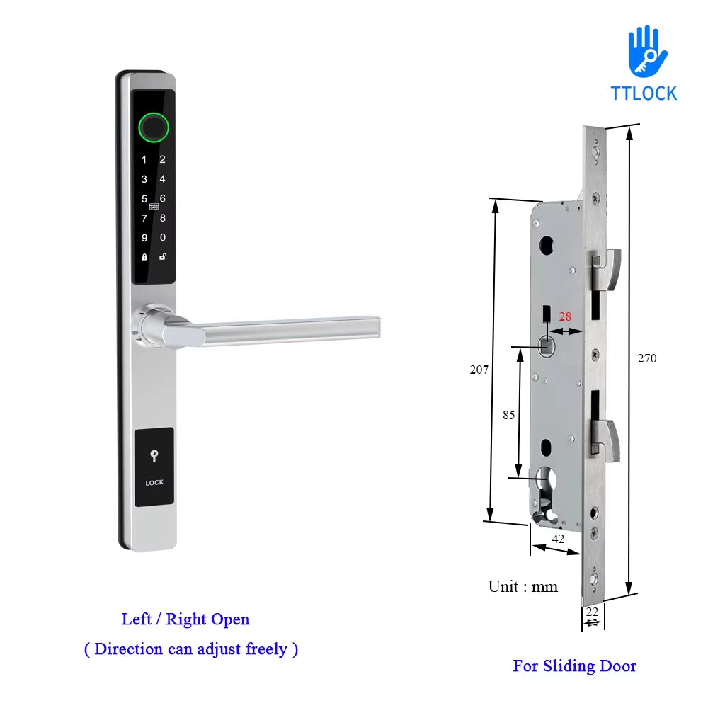 Waterproof Ttlock APP Remote Control Fingerprint Password Card Lock Bridge-Cut Aluminum Alloy for Outdoor Pull Push Sliding Door