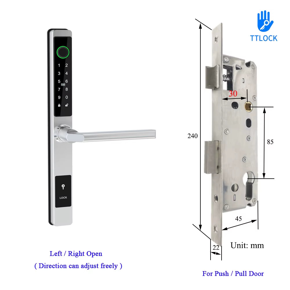 Waterproof Ttlock APP Remote Control Fingerprint Password Card Lock Bridge-Cut Aluminum Alloy for Outdoor Pull Push Sliding Door