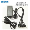 DC 12V 5A Power Supply Adapter + 8 Split Power Cable for CCTV Security Camera DVR Analog AHD TVI CVI Camera DVR Systems