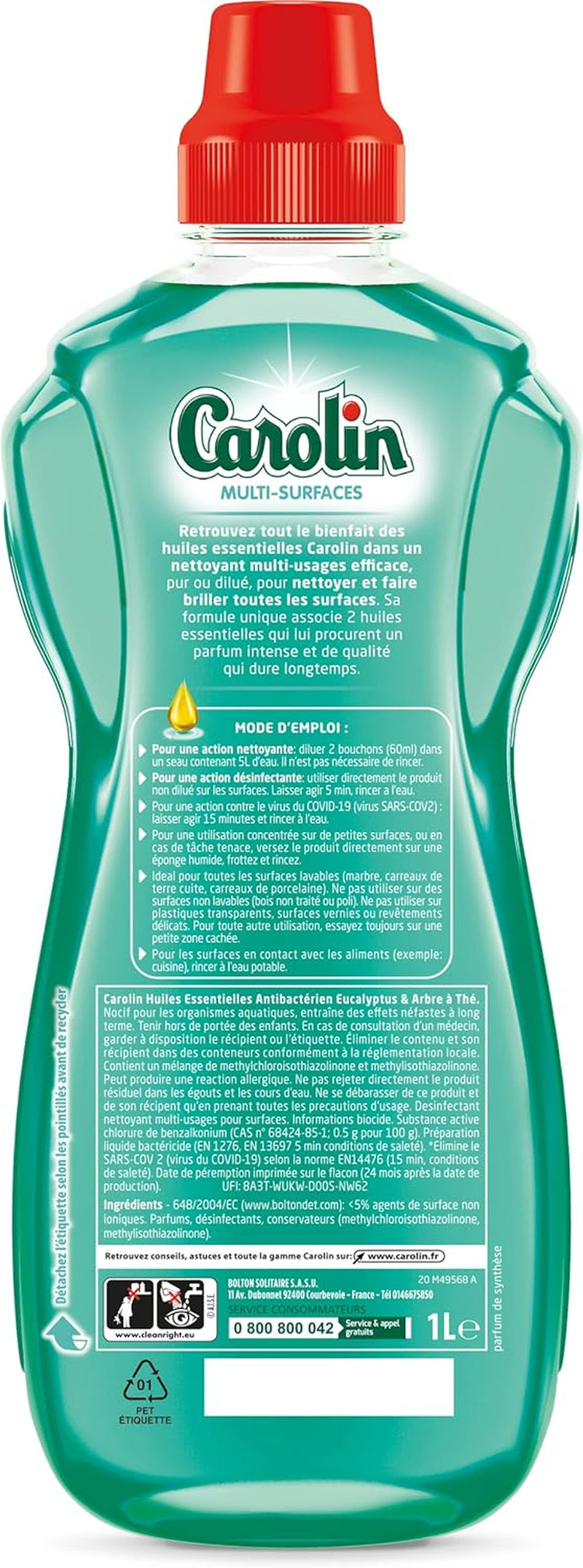 Carolin Nettoyant Multi-Surfaces Huiles Essentielles Anti-Bactérien Sans Javel Eucalyptus Et Arbre À Thé 1 L