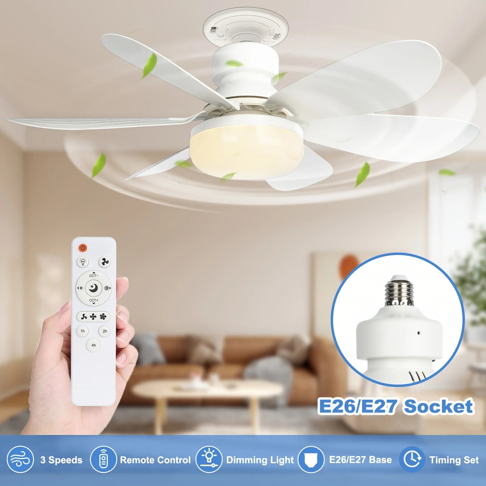 40W Socket Fan Light, 21.5" Screw Ceiling Fan with Light and Remote, E27 Socket Fan with LED for Bathroom, Bedroom, Kitchenfor