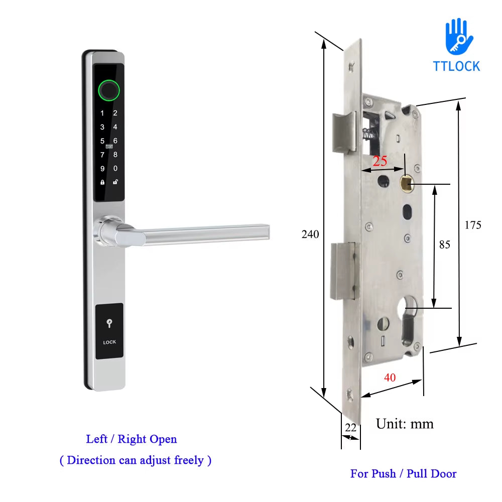 Waterproof Ttlock APP Remote Control Fingerprint Password Card Lock Bridge-Cut Aluminum Alloy for Outdoor Pull Push Sliding Door