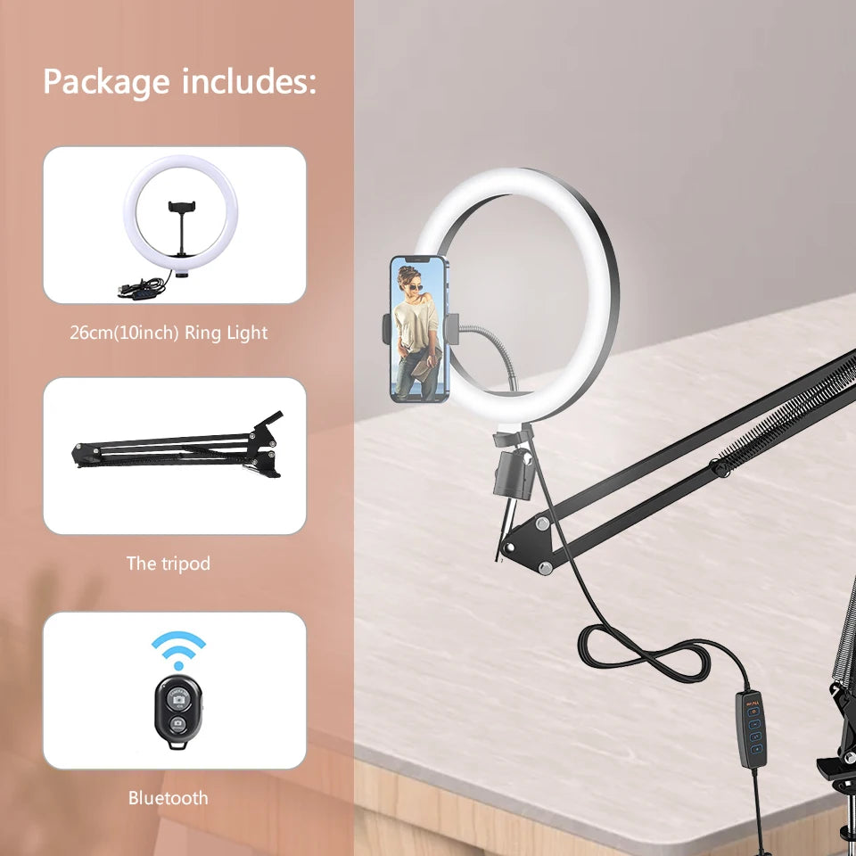 LED Circle Fill Lighting round Lamp Selfie Soft Ring Light with Long Arm Phone Tripod Stand Holder Makeup Photography Ringlight