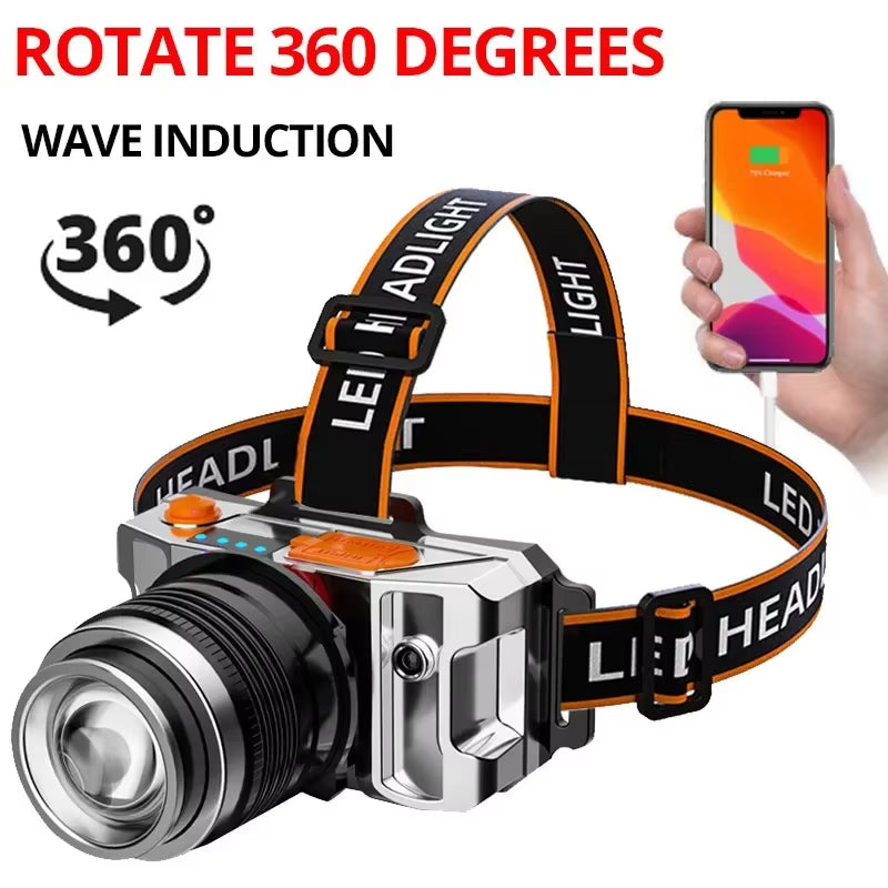 Powerful LED Headlamp Rechargeable Telescopic Zoomable XPH50 Headlight Outdoor Waterproof Work Head Lamp High Lumen Head Torch