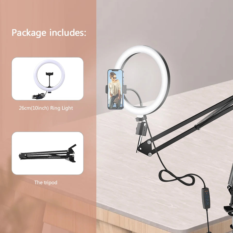 LED Circle Fill Lighting round Lamp Selfie Soft Ring Light with Long Arm Phone Tripod Stand Holder Makeup Photography Ringlight