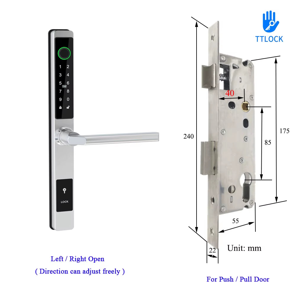 Waterproof Ttlock APP Remote Control Fingerprint Password Card Lock Bridge-Cut Aluminum Alloy for Outdoor Pull Push Sliding Door