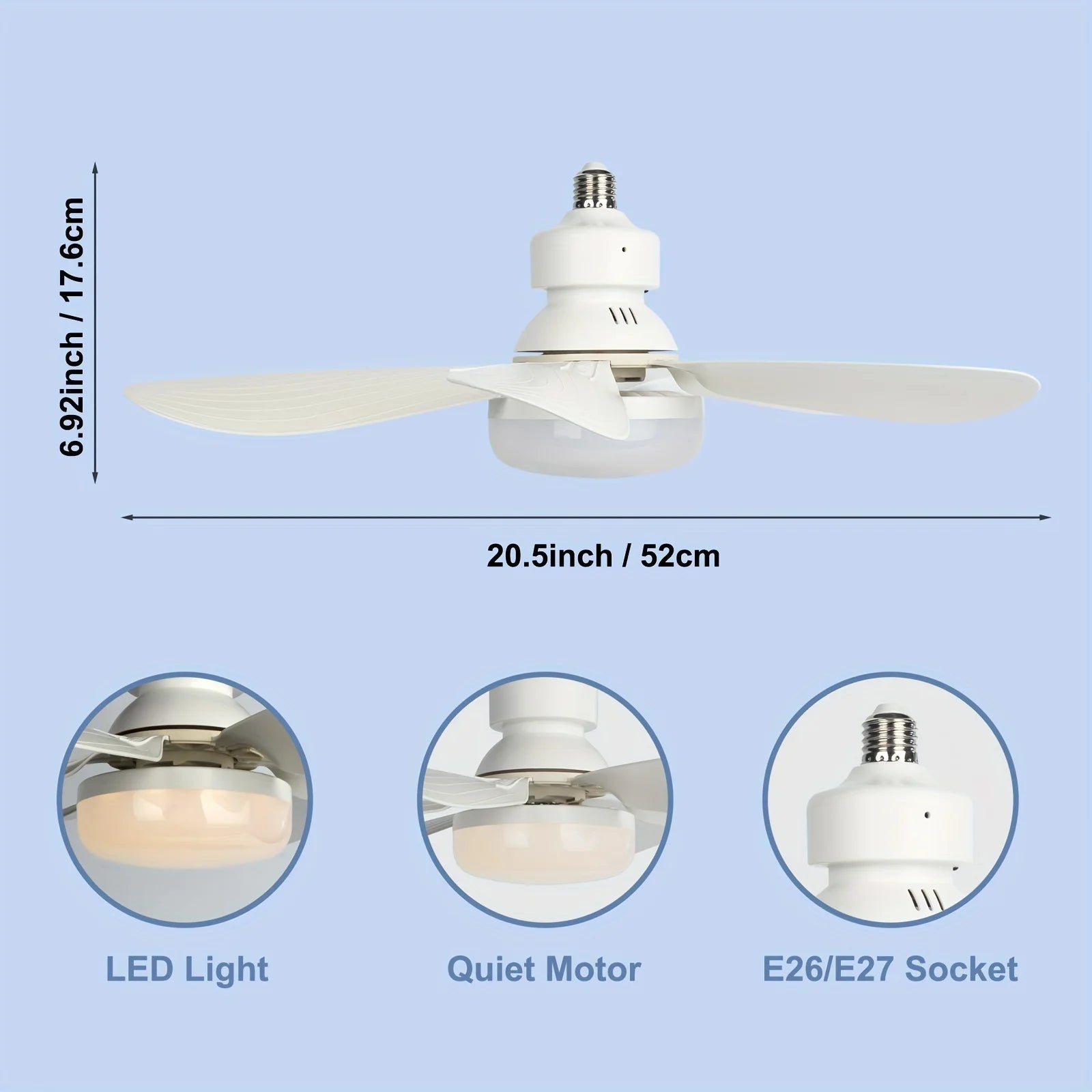 40W Socket Fan Light, 21.5" Screw Ceiling Fan with Light and Remote, E27 Socket Fan with LED for Bathroom, Bedroom, Kitchenfor