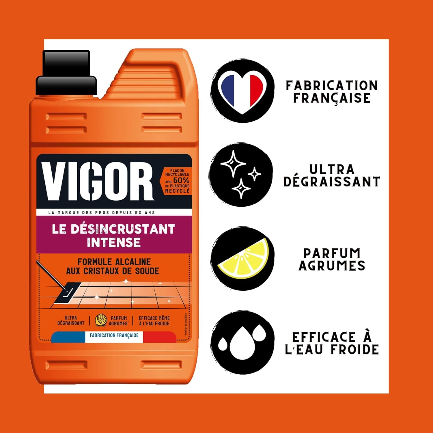 Vigor - Désincrustant Intense | Formule Alcaline Aux Cristaux De Soude | Ultra-Dégraissant | Parfum Agrumes | Fabrication Française | 1L