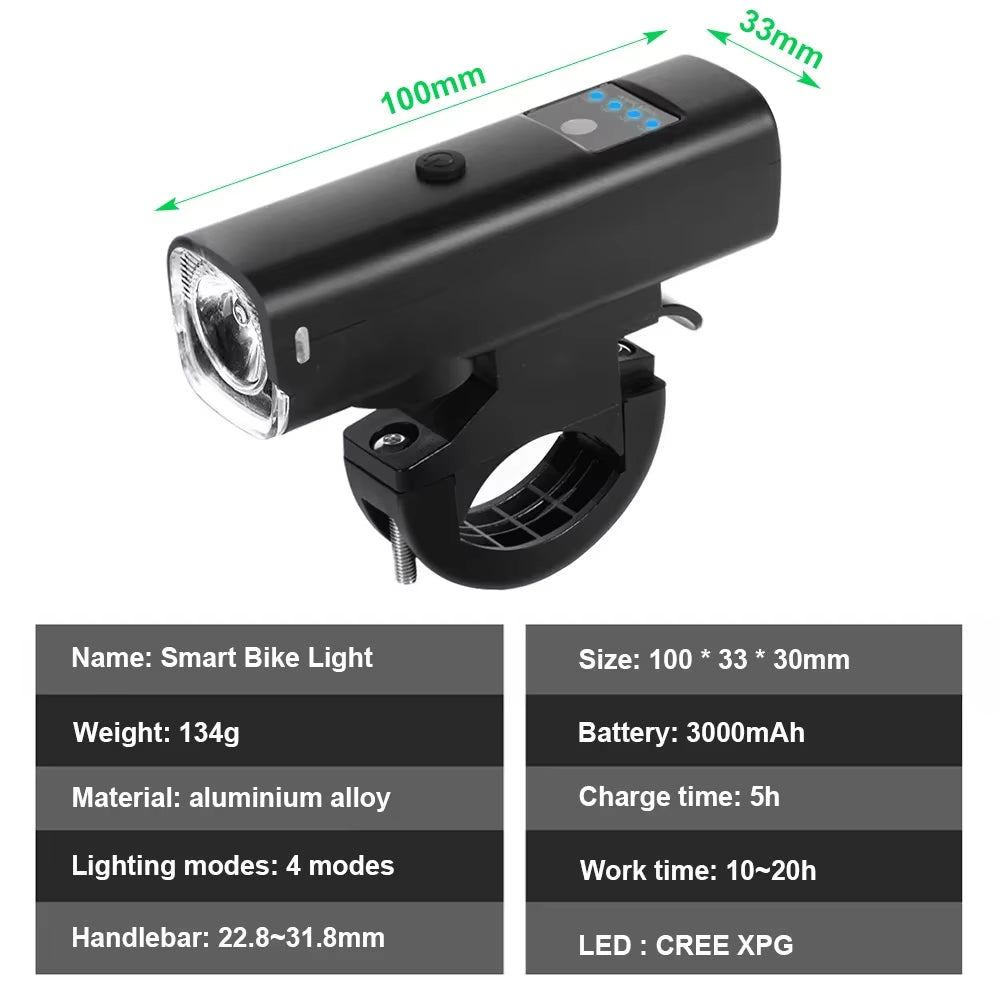 Smart Bicycle Light Rainproof USB LED 3000Mah MTB Front Light Headlight Cycling Flashlight Bike Light Accessories